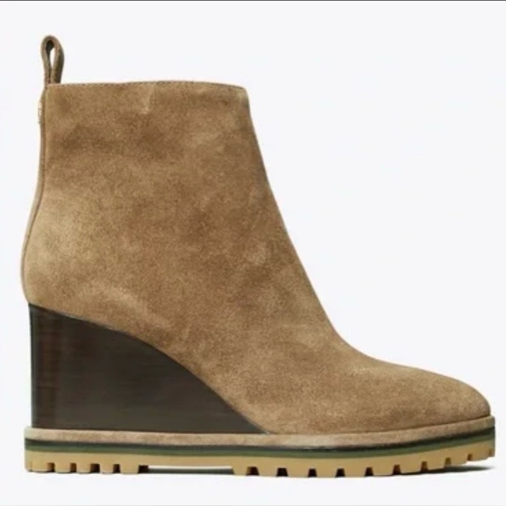 Tory Burch Logo Brown Suede Lug Wedge Bootie